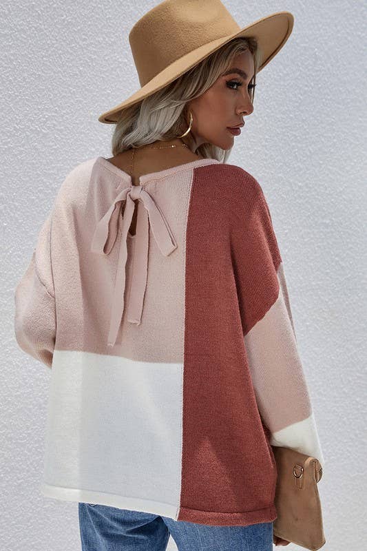 CWTTL0405_COLOR BLOCK ROUND NECK SWEATER TOP: Grey / (XL) 1