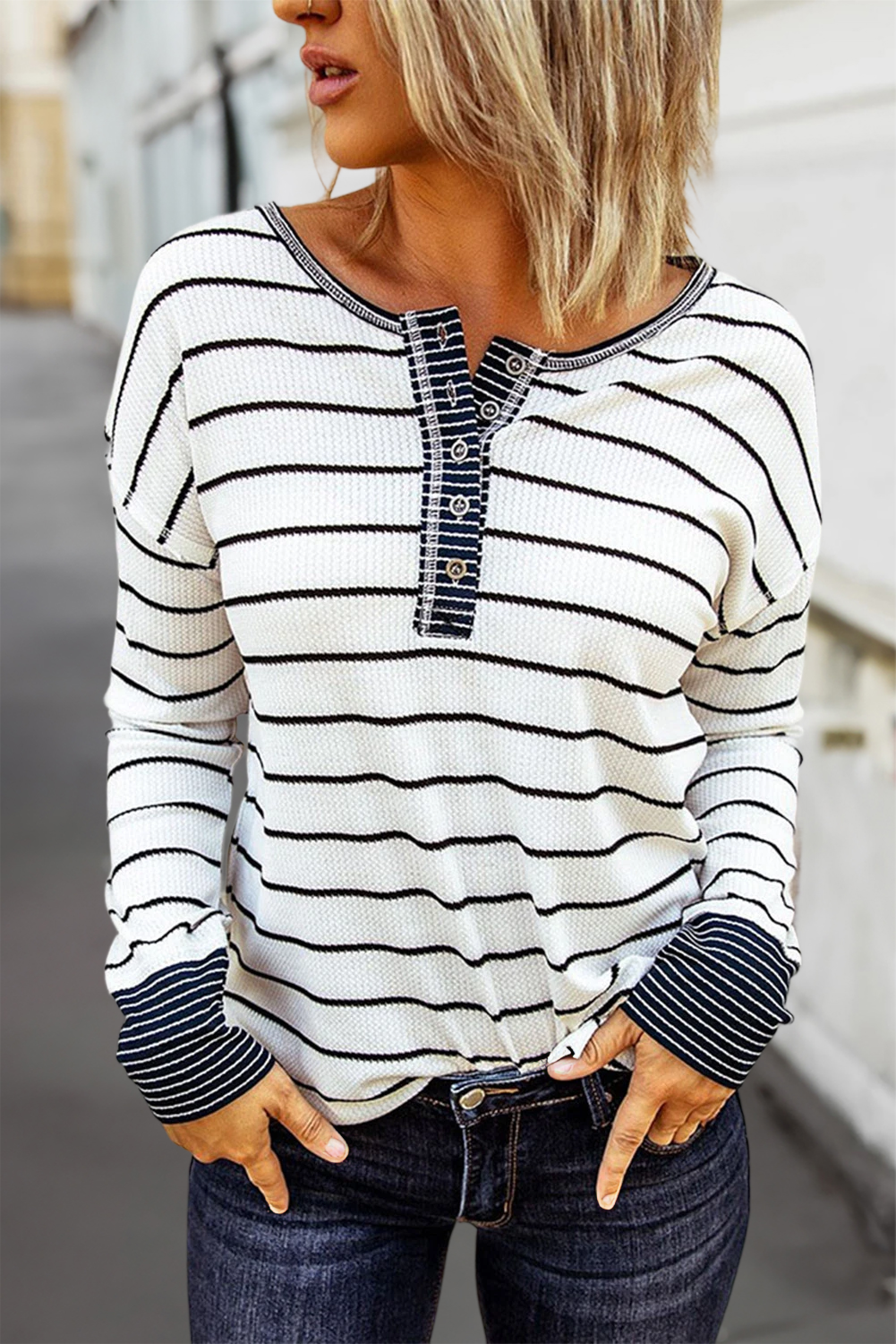 Striped Buttoned Waffle Knit Long Sleeve Top | S-XL: As shown / Missy / S