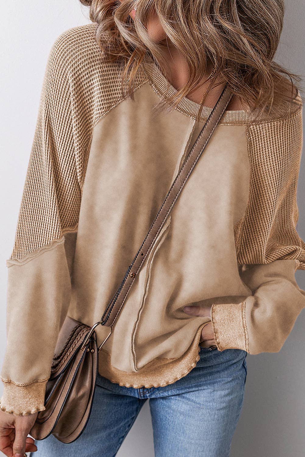 Solid Waffle Knit Patchwork Raglan Sleeve Sweatshirt: Mineral Blue