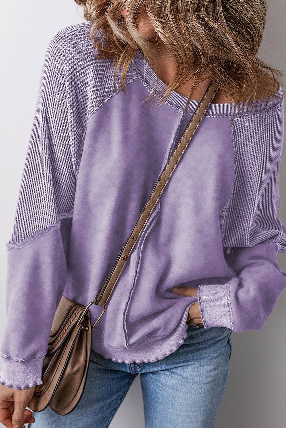 Solid Waffle Knit Patchwork Raglan Sleeve Sweatshirt: Mineral Blue