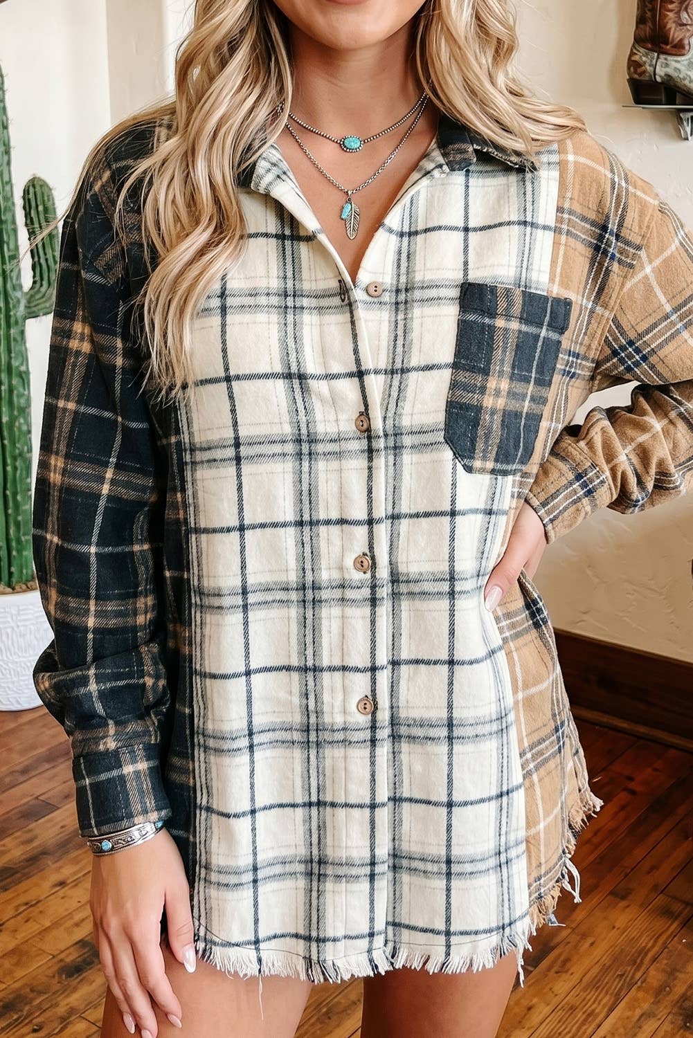 LDC Plaid Button-Up Long Sleeve Shift Silhouette Shacket: Multicolour