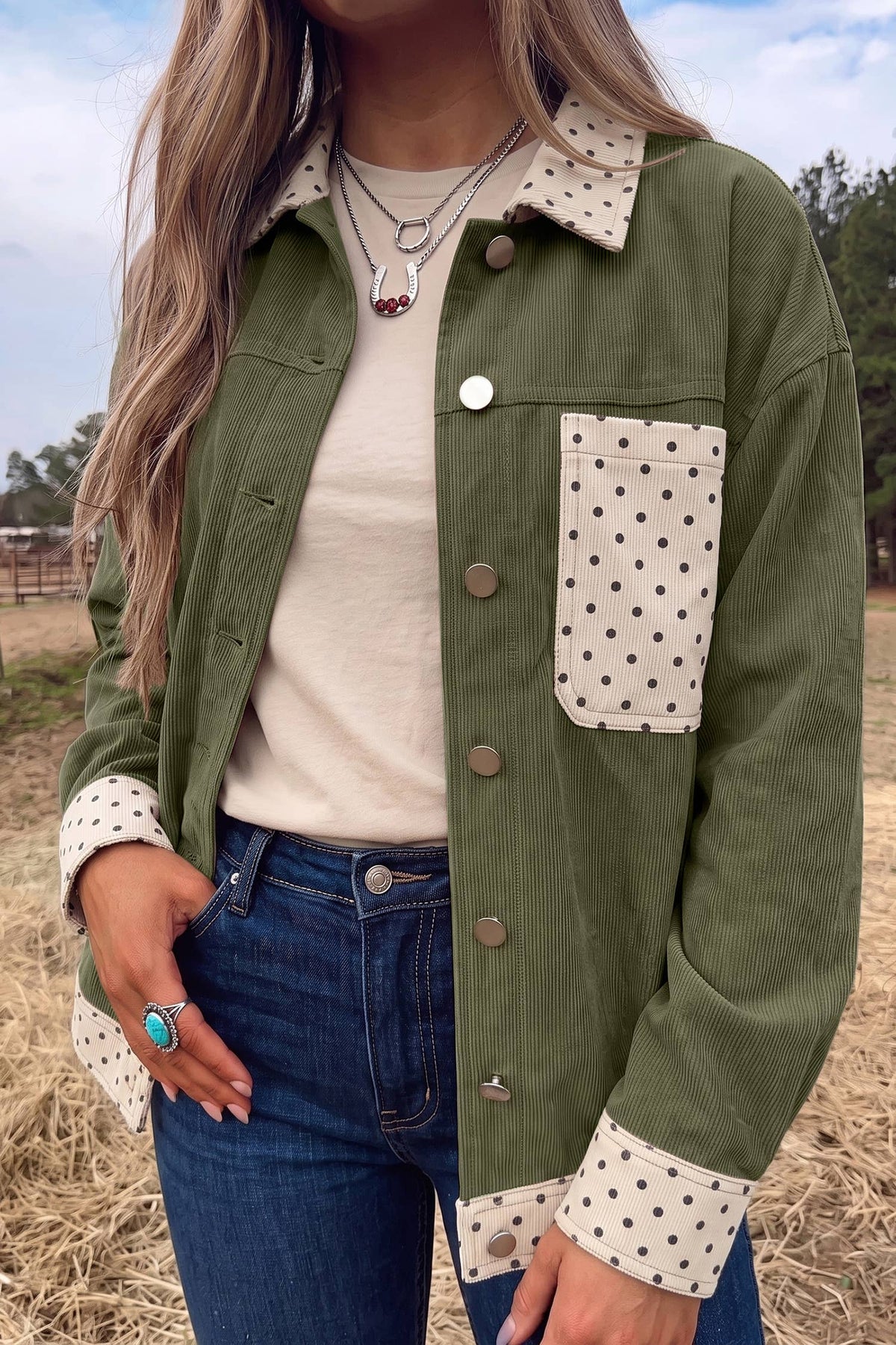 LDC Contrast Polka Dot Patchwork Corduroy Button Shacket