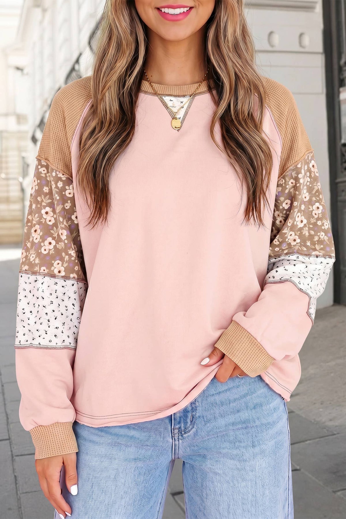Floral Print Waffle Mixed Patchwork Top | S-XL: Apricot Pink / XL