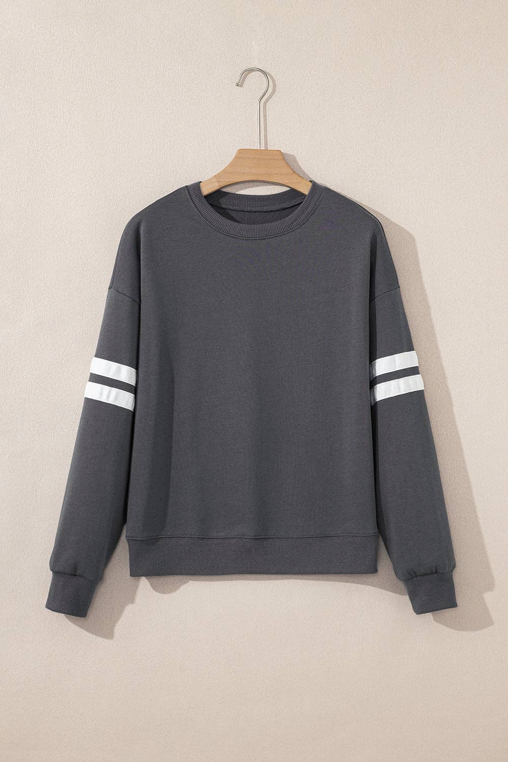 Dark Grey Varsity Striped Detail Drop Shoulder Oversized Sweatshirt: Dark Grey / 65%Polyester+35%Cotton / L
