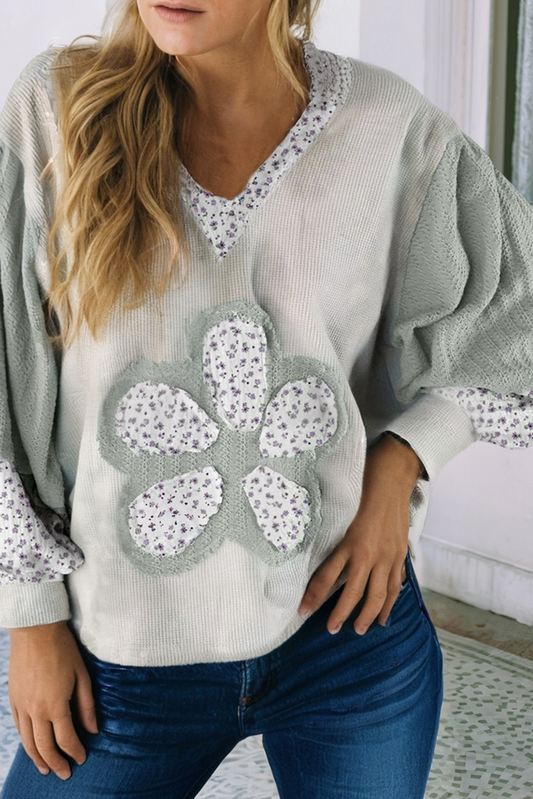 LDC Textured Colorblock Floral Patchwork Lantern Sleeve Top: Green