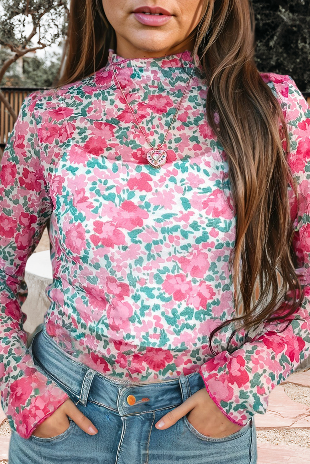 Floral Print Mesh Mock Neck Sheer Slim Fit Blouse (S-4X): Western / M