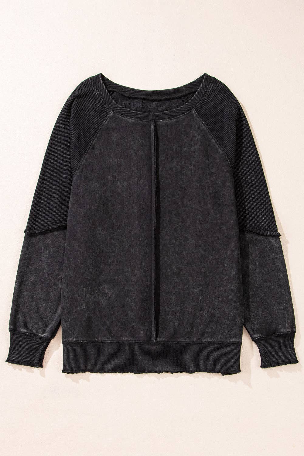 Solid Waffle Knit Patchwork Raglan Sleeve Sweatshirt: Mineral Blue