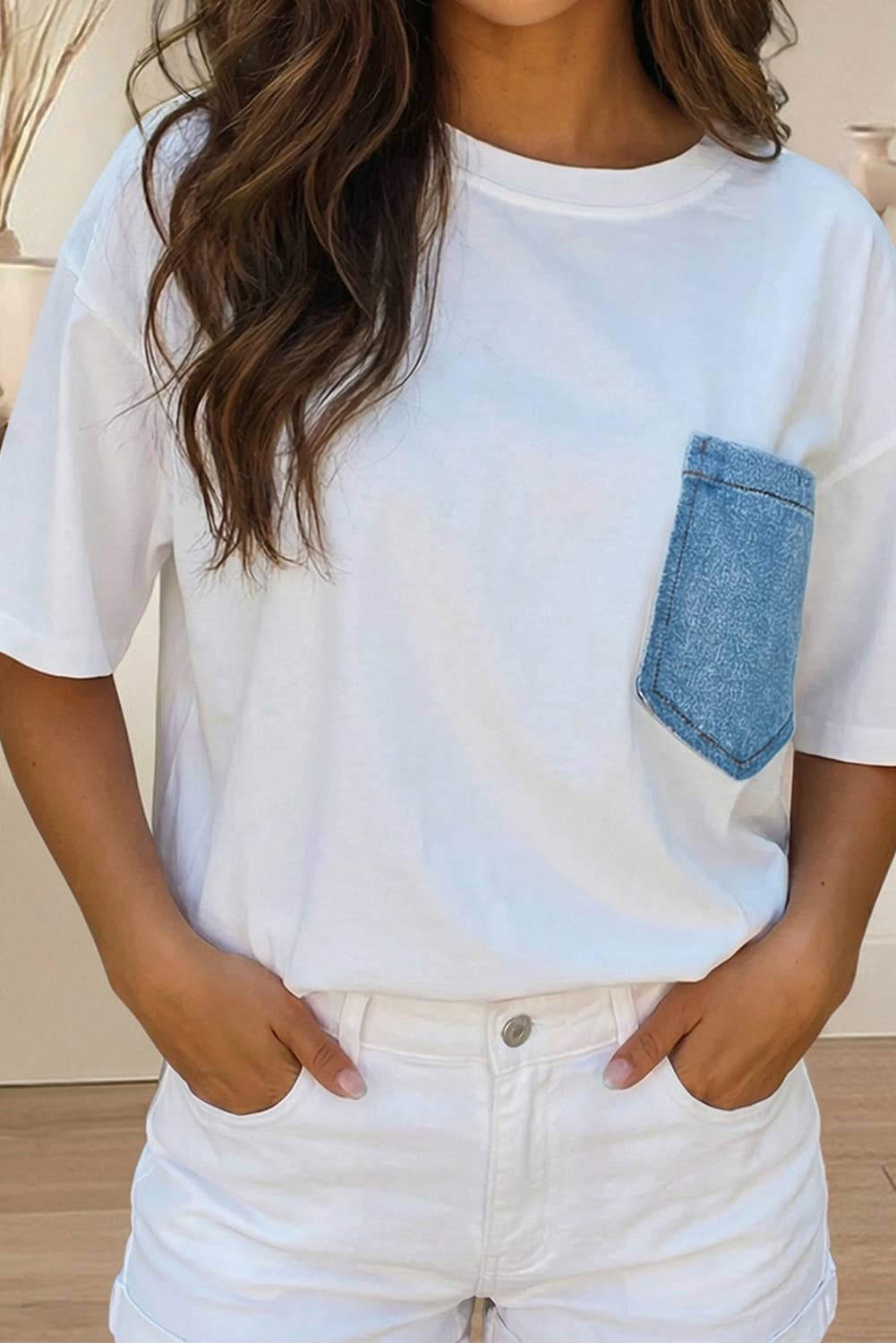 Denim Chest Pocket Patched Casual Short Sleeve Top (S-XL): Sail Blue / Missy / XL