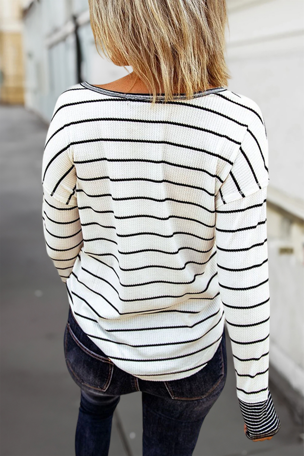 Striped Buttoned Waffle Knit Long Sleeve Top | S-XL: As shown / Missy / L