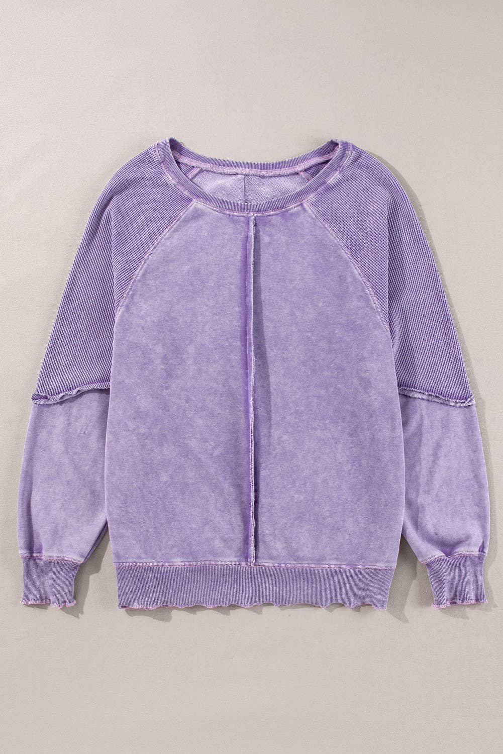 Solid Waffle Knit Patchwork Raglan Sleeve Sweatshirt: Mineral Blue