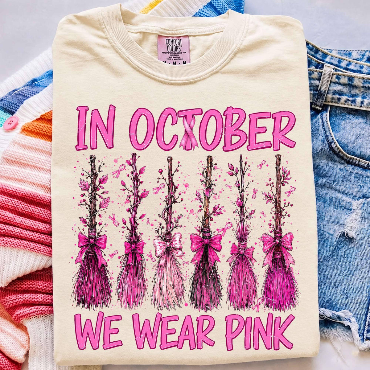 Comfort Colors In October We Wear Pink Tee, Spooky Season : Pepper / L / Comfort Color T-Shirt