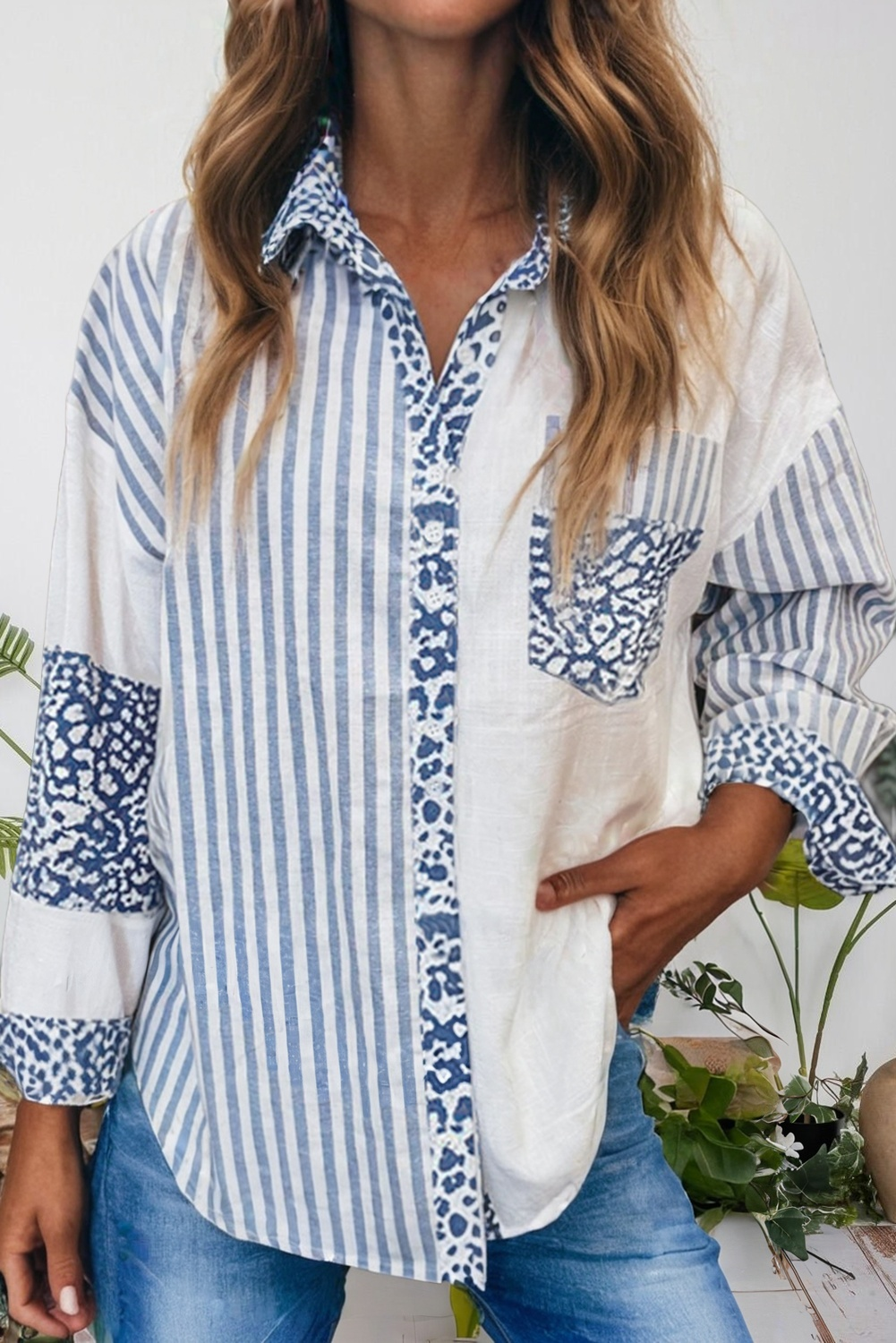 Leopard Striped Western Patchwork Button-up Shirt