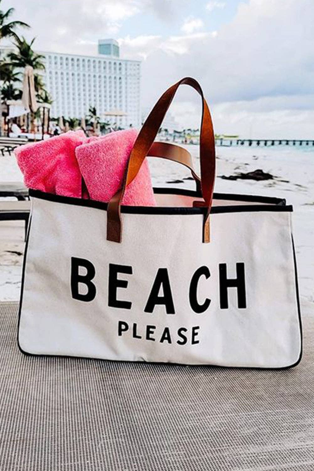 Ryan Beach Please Canvas Tote: 19in x 8.5in x 5in / White