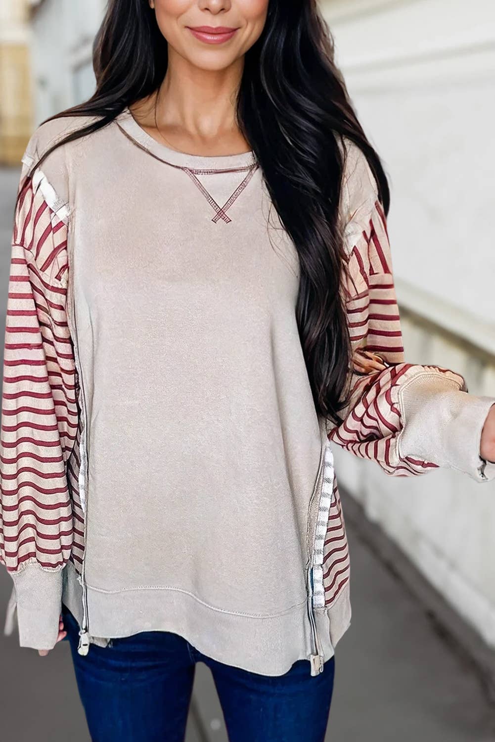 Casual Stripe Long Sleeve Patchwork Knit Top