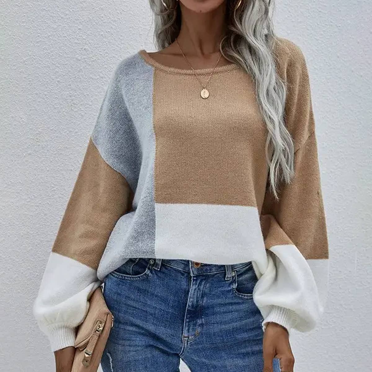 CWTTL0405_COLOR BLOCK ROUND NECK SWEATER TOP: Grey / (XL) 1