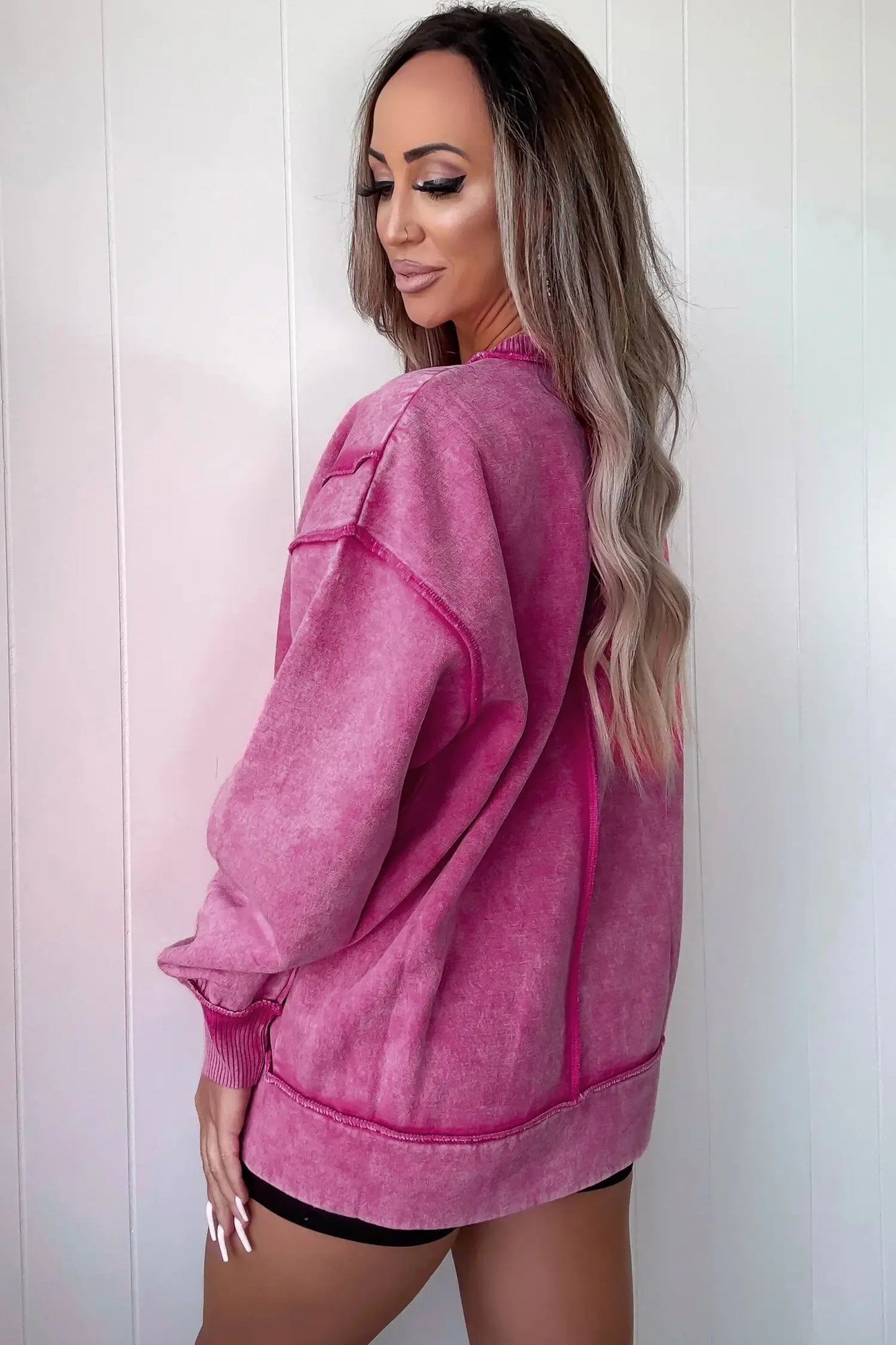 Mineral Wash Exposed Seam Sweatshirt Side Slit Casual Pullover: Red Sandalwood