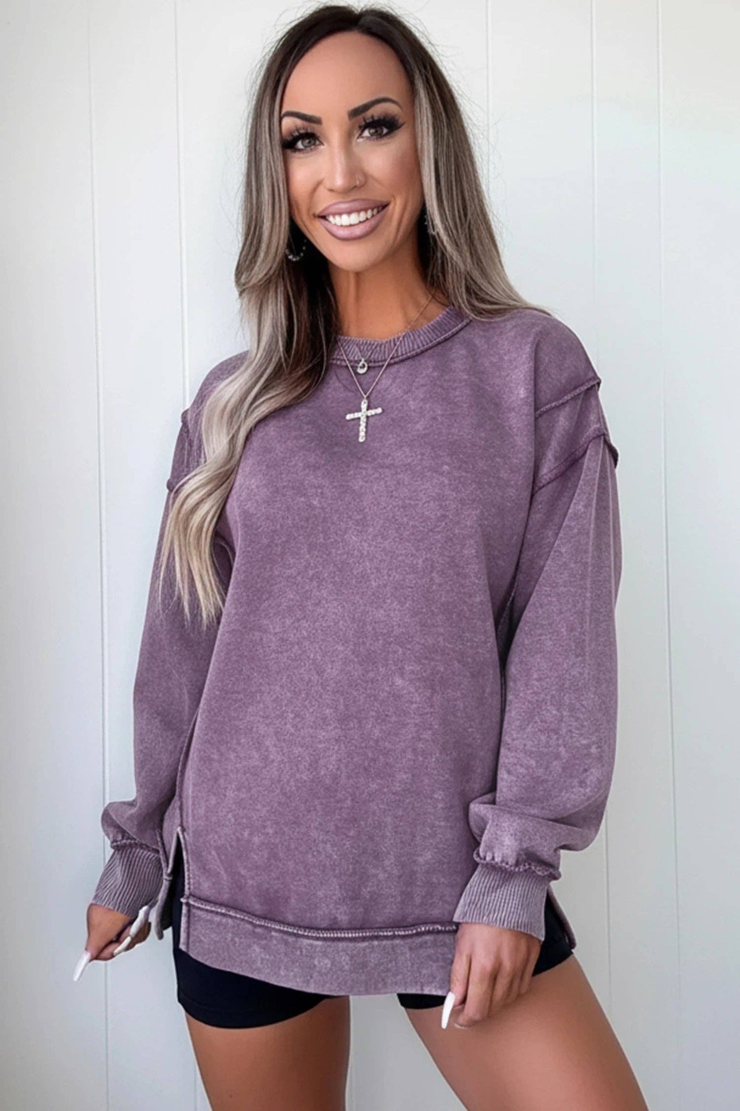 Mineral Wash Exposed Seam Sweatshirt Side Slit Casual Pullover: Red Sandalwood