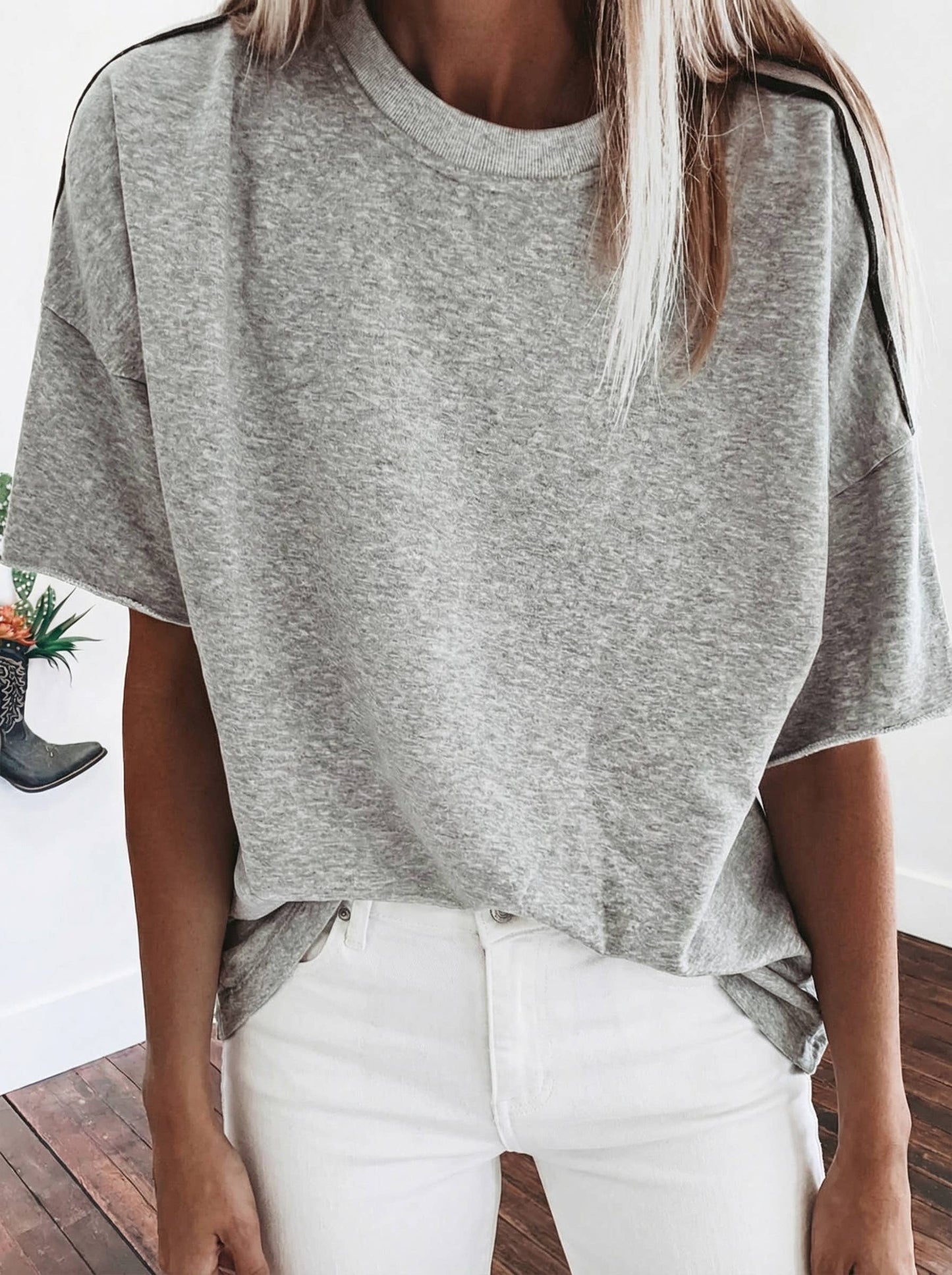 SUMMER 2026 Striped Patchwork Detail Raw Edge Oversize Tee: Light Grey