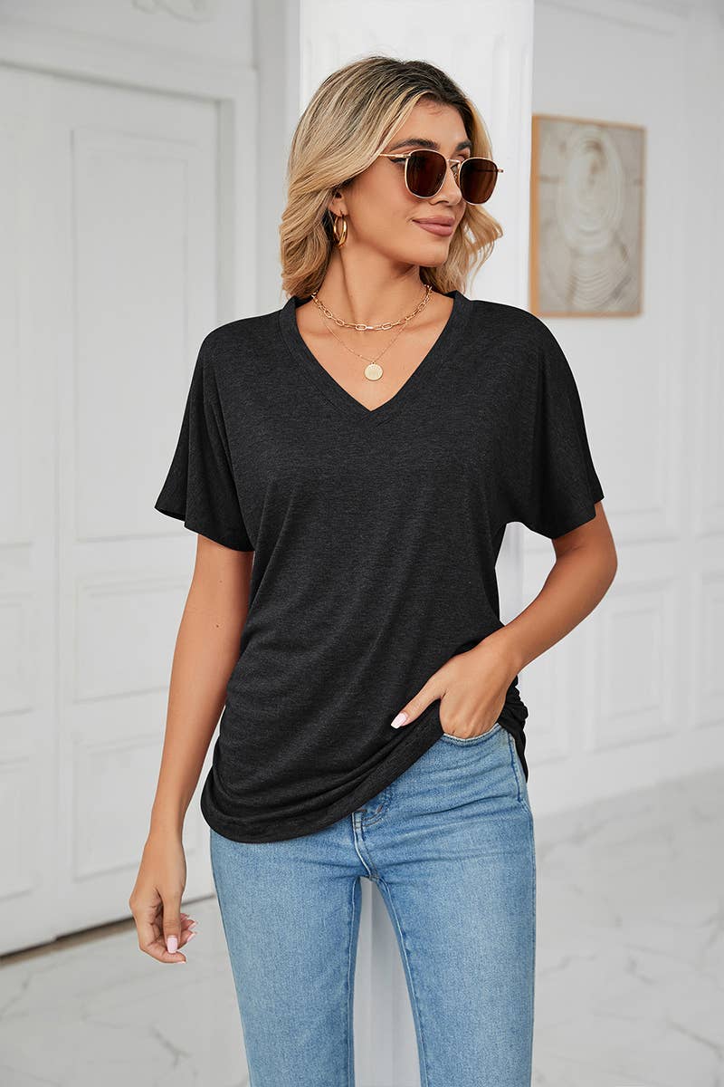 SOLID V NECK SHORT SLEEVE LOOSE TEES