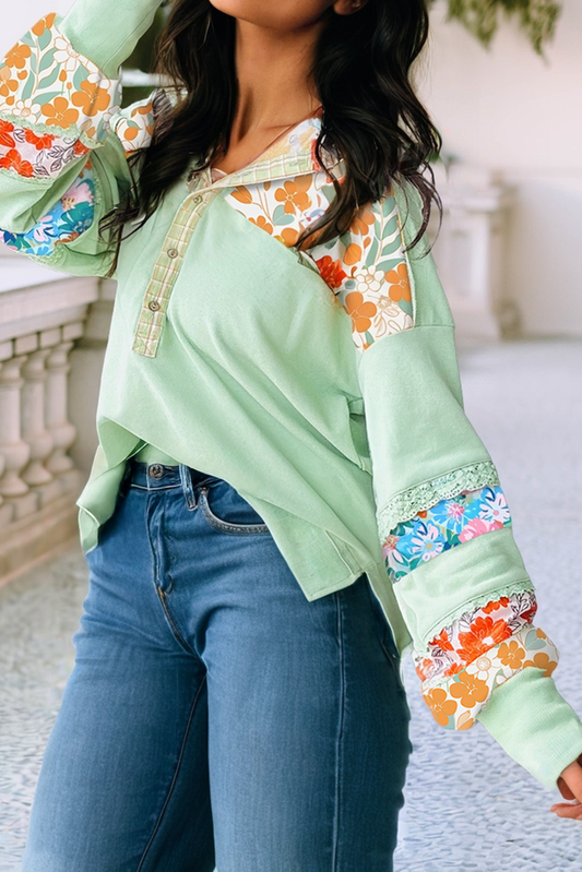 LDC Lace Floral Patchwork Half Button Hooded Pullover: Clearly Aqua