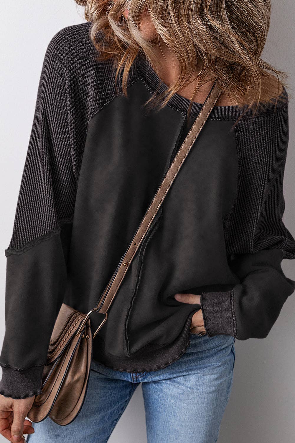 Solid Waffle Knit Patchwork Raglan Sleeve Sweatshirt: Mineral Blue