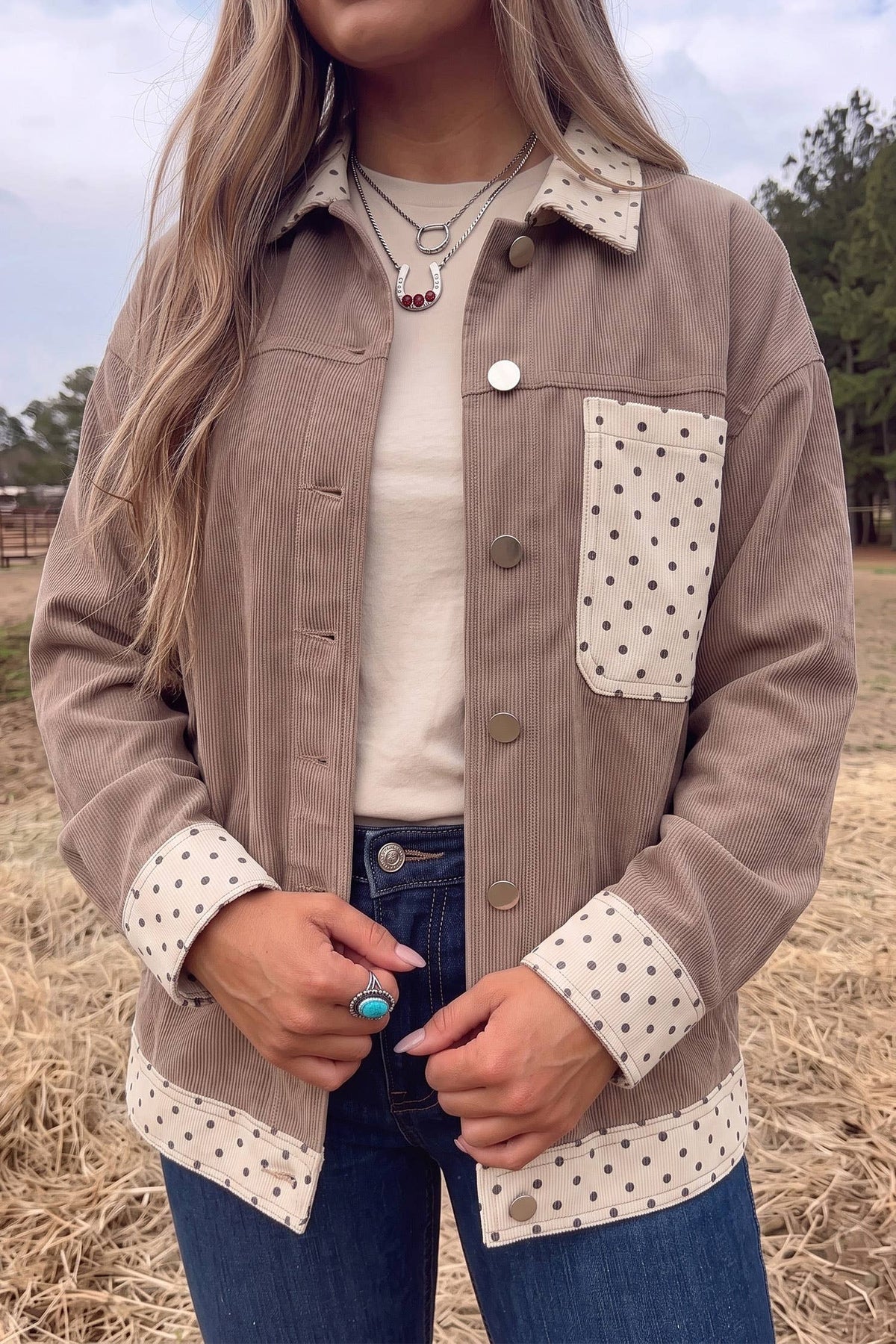 LDC Contrast Polka Dot Patchwork Corduroy Button Shacket