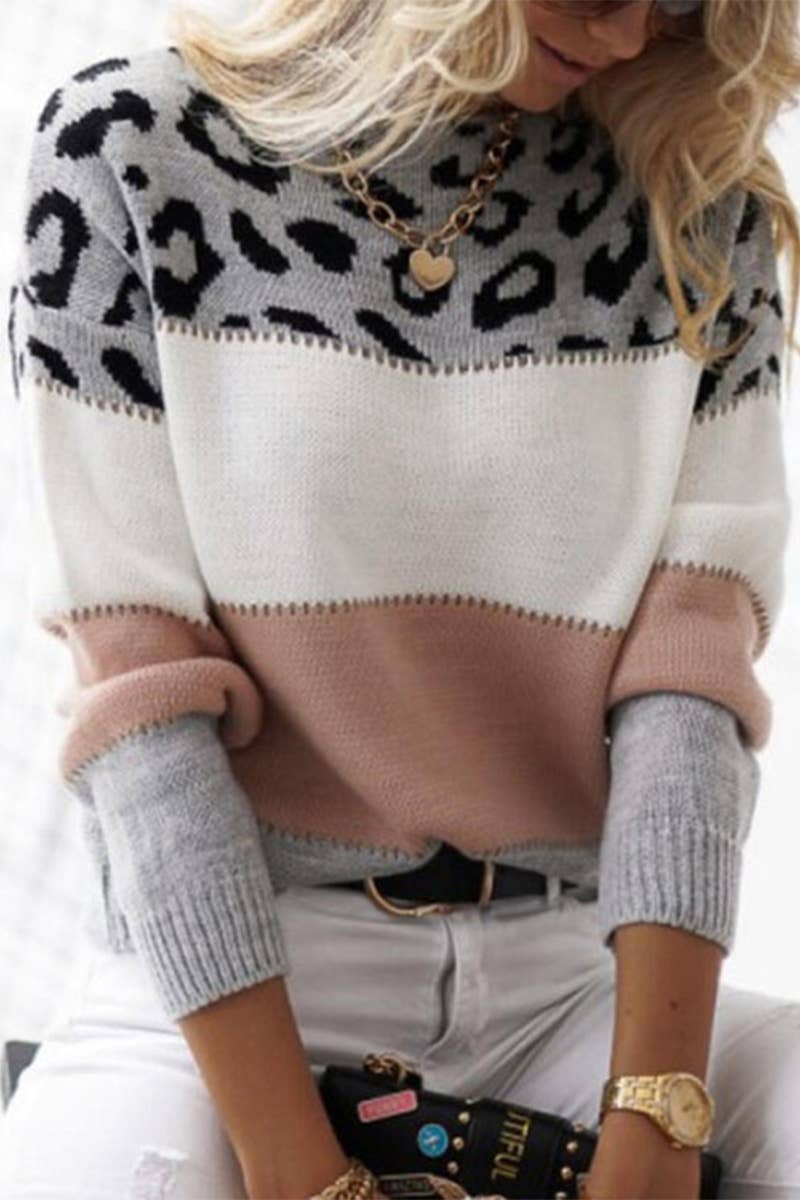 COLOR-MATCHING LEOPARD PRINT CREW NECK SWEATER: PINK / (XL) 1