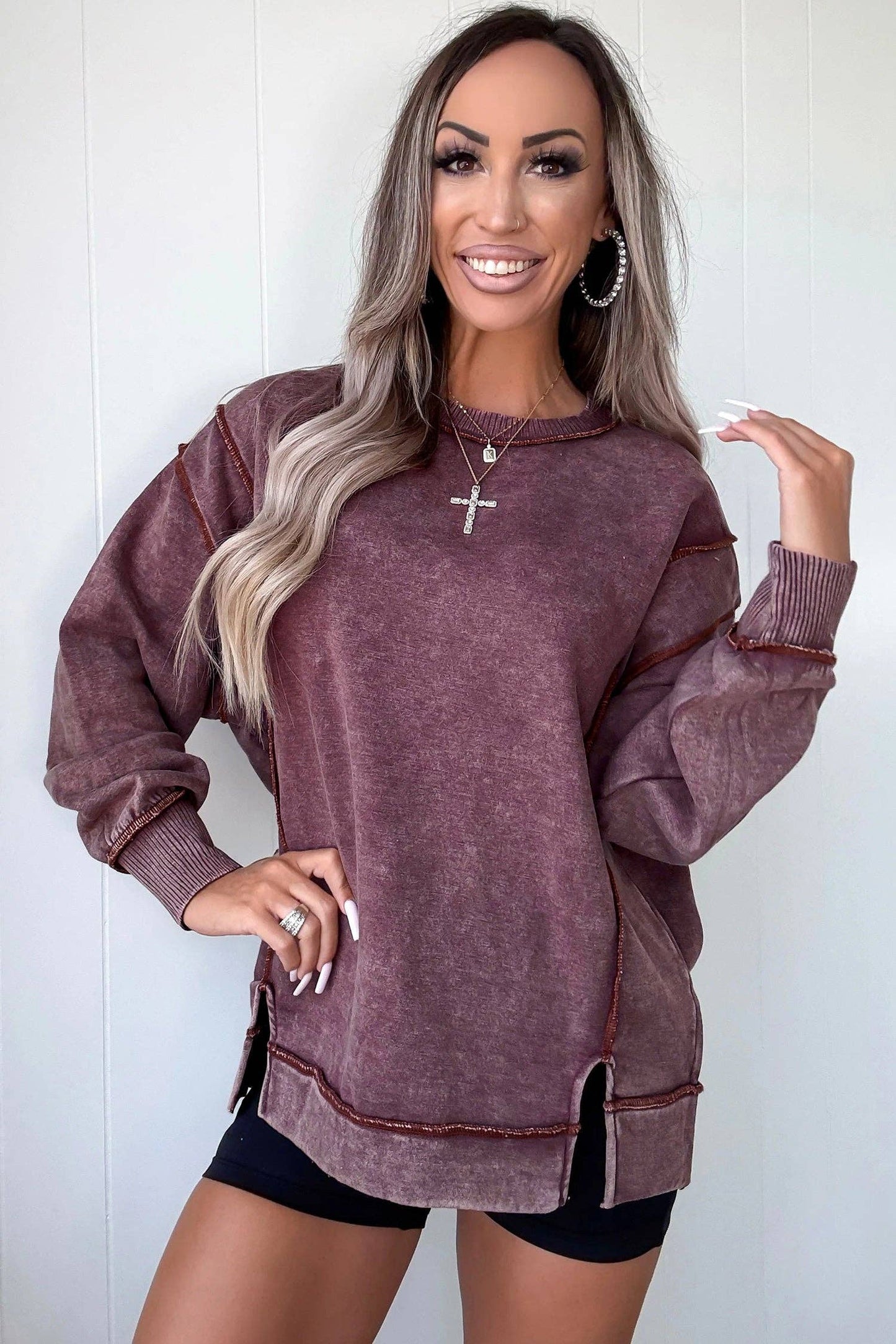 Mineral Wash Exposed Seam Sweatshirt Side Slit Casual Pullover: Red Sandalwood