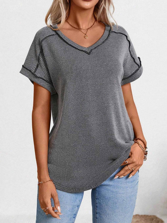 Short Sleeved V-neck Top: Gray