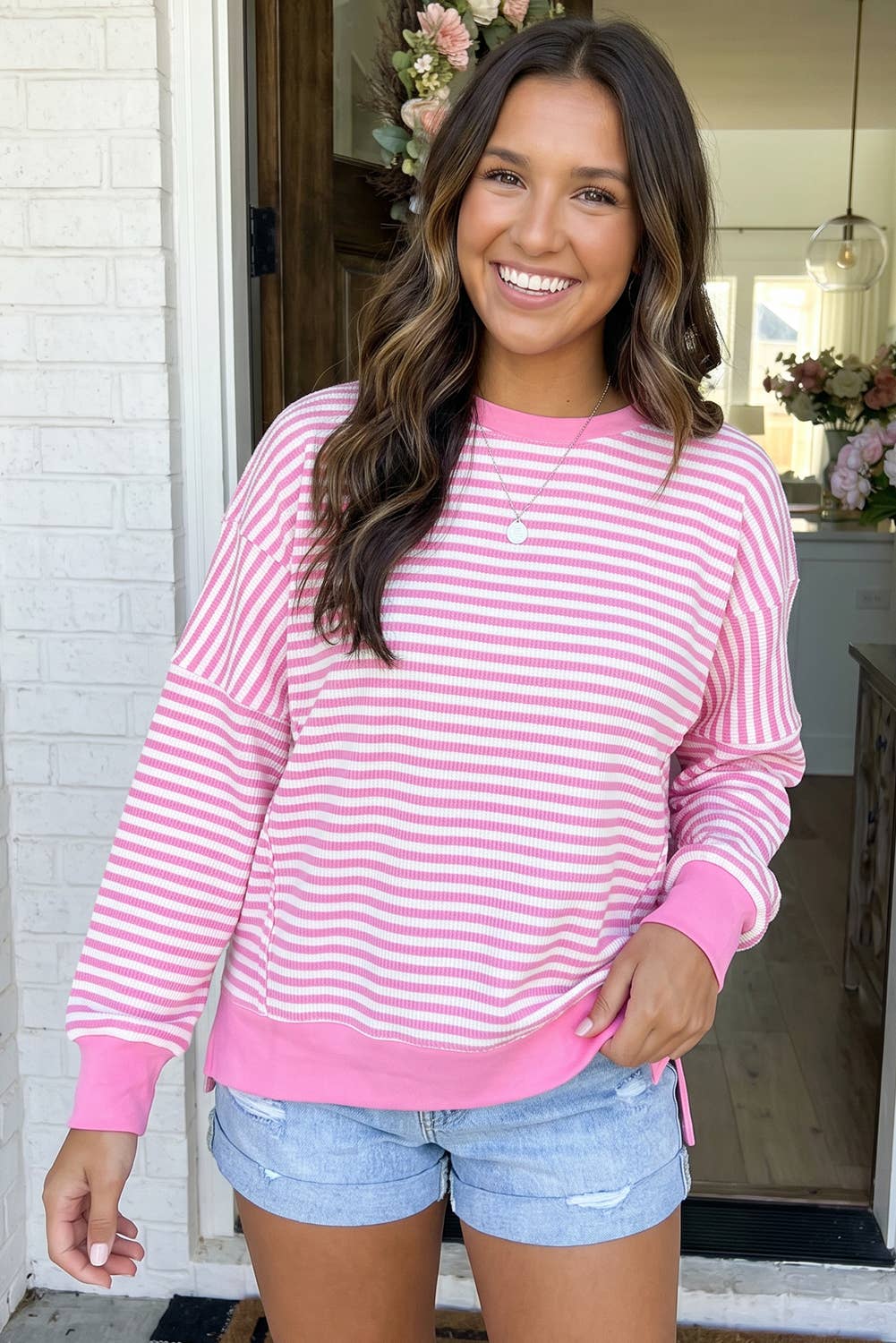 LAS Striped Side Split Casual Pullover (S-XL): Khaki Stripe / S