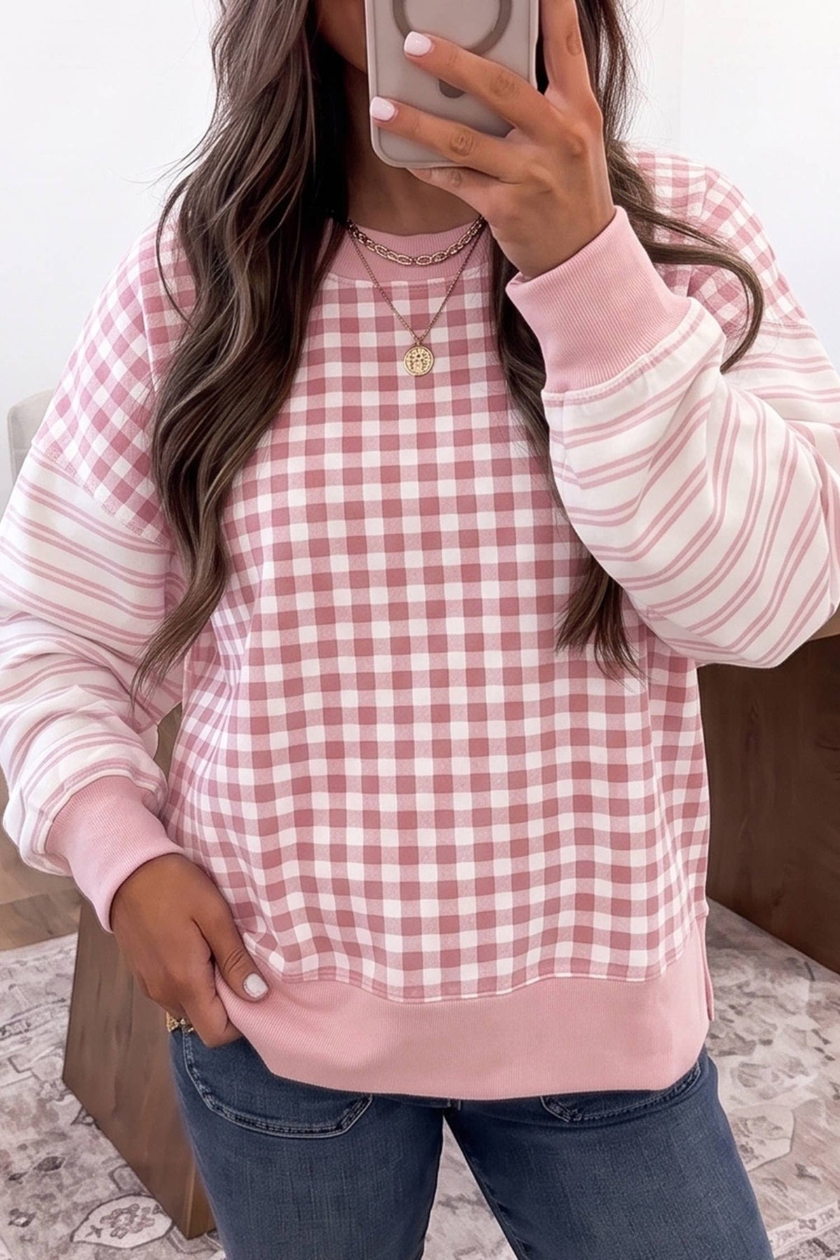 LDC Plaid Striped Patchwork Long Sleeve Casual Top: Brown