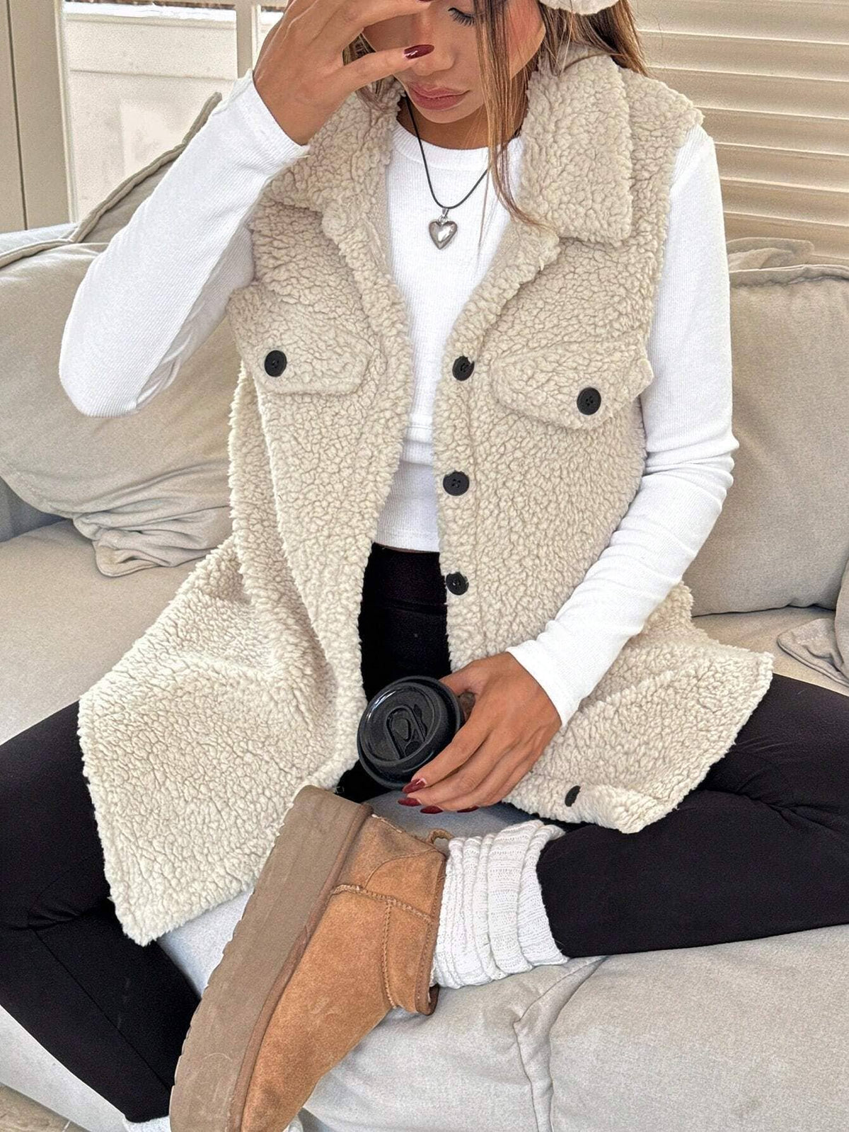Loose elegant lapel button-down plush waistcoat: BROWN / (L) 1