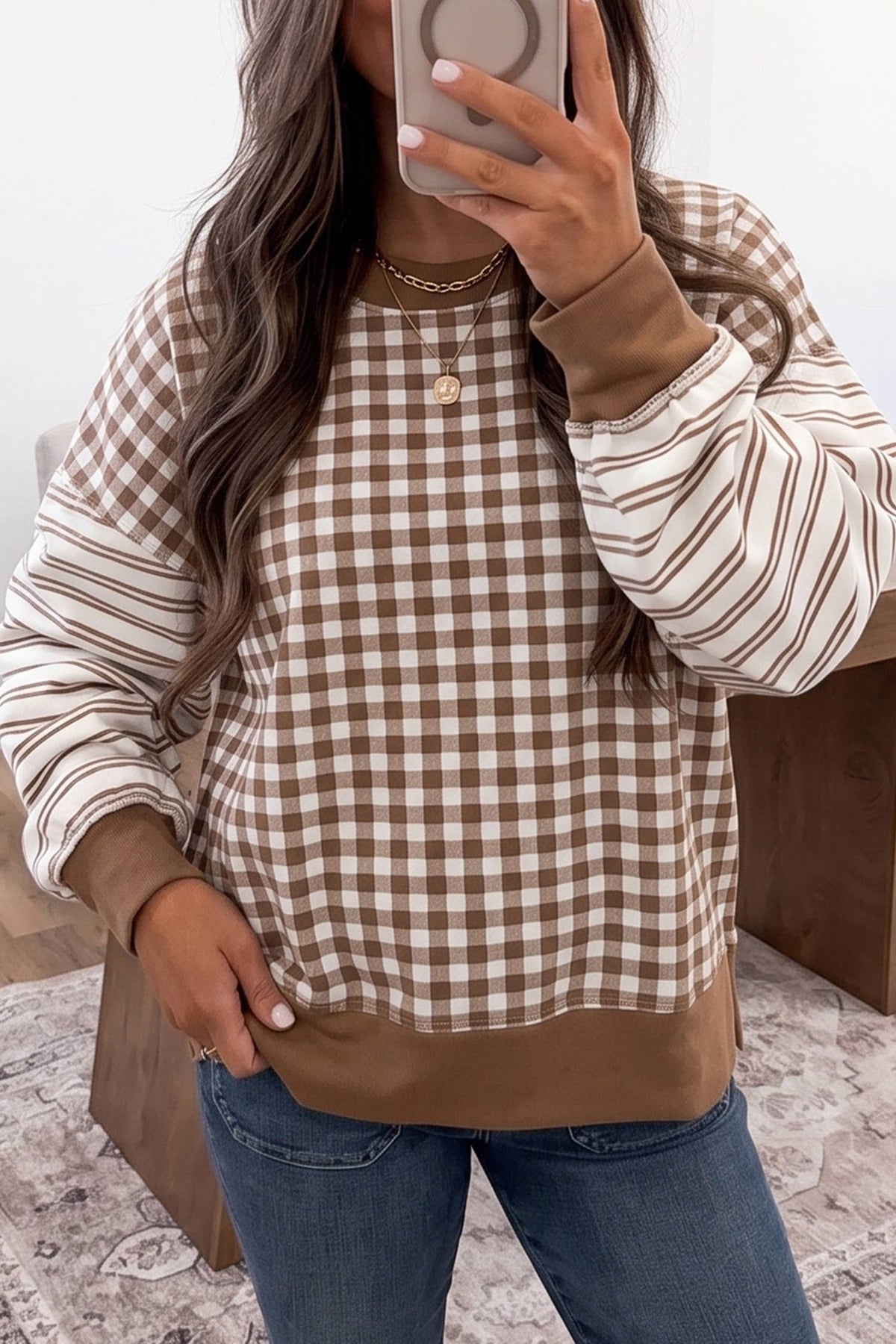 LDC Plaid Striped Patchwork Long Sleeve Casual Top: Brown