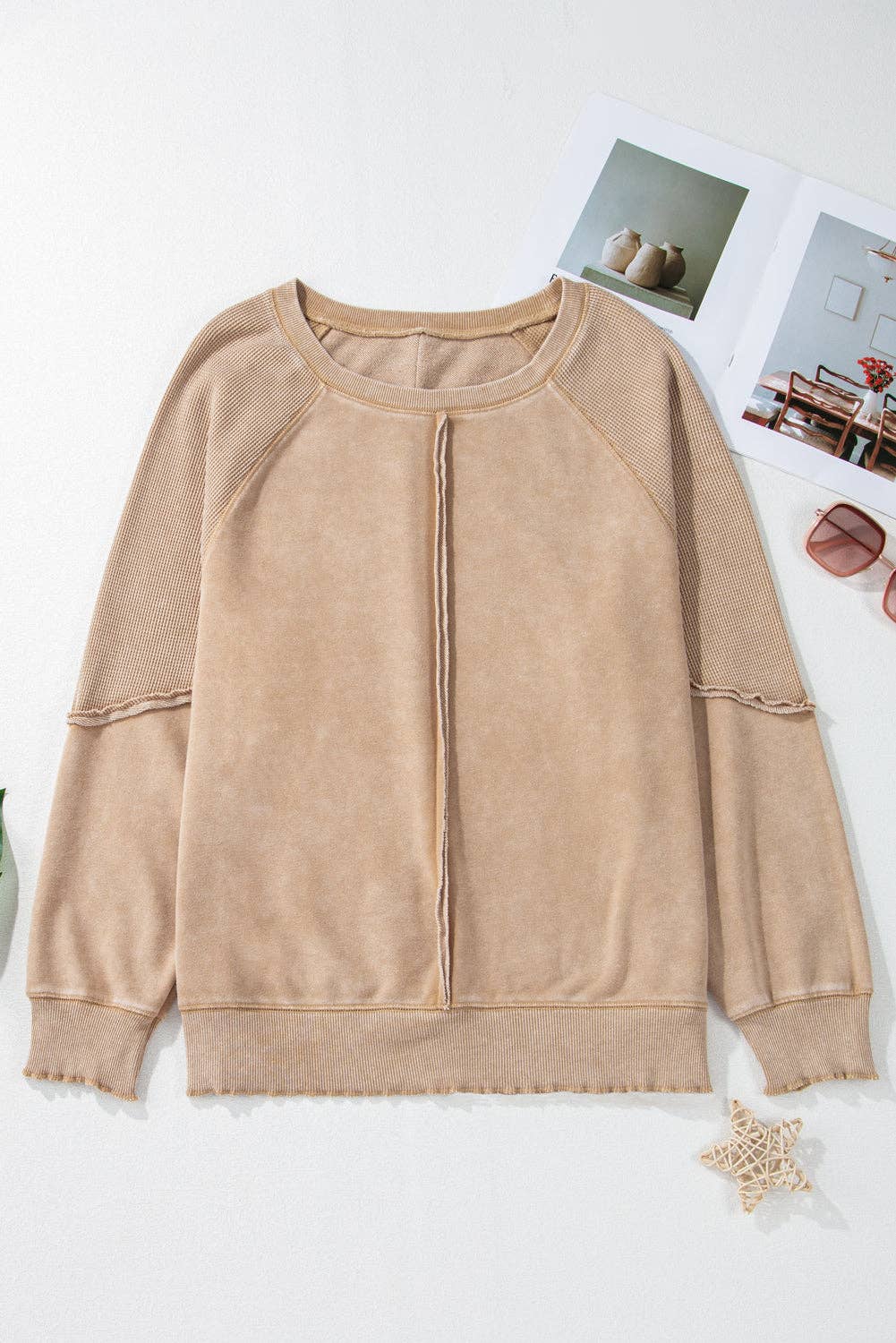 Solid Waffle Knit Patchwork Raglan Sleeve Sweatshirt: Mineral Blue