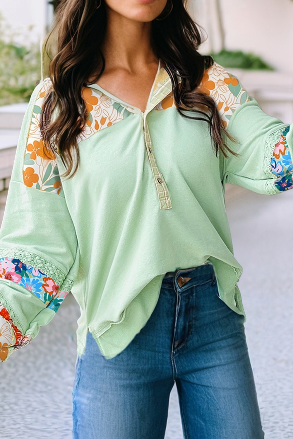LDC Lace Floral Patchwork Half Button Hooded Pullover: Clearly Aqua