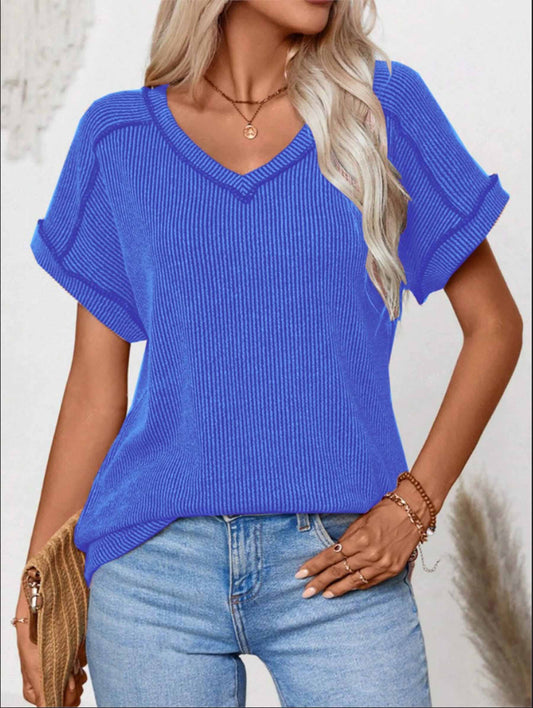 Short Sleeved V-neck Top: Blue