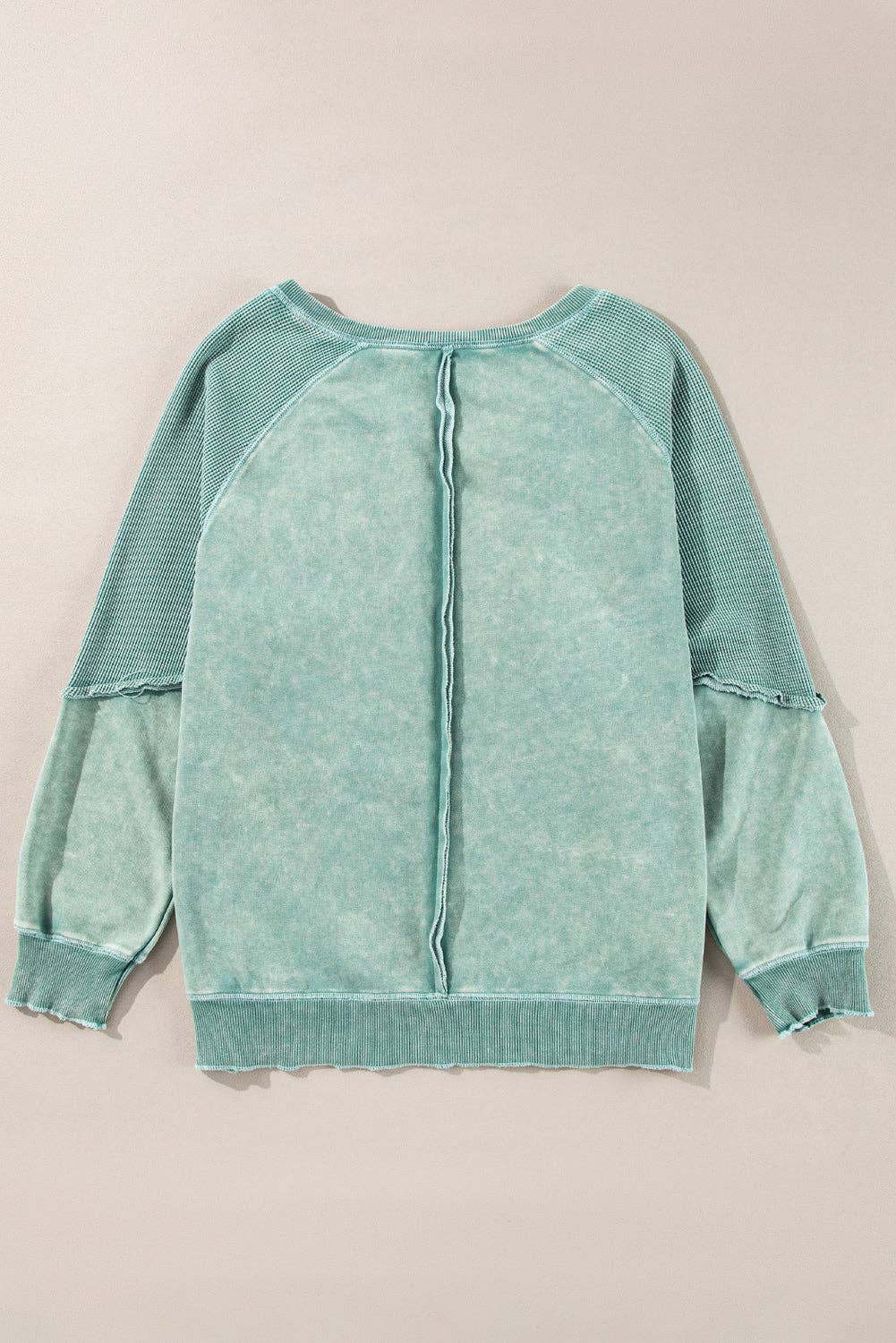 Solid Waffle Knit Patchwork Raglan Sleeve Sweatshirt: Mineral Blue