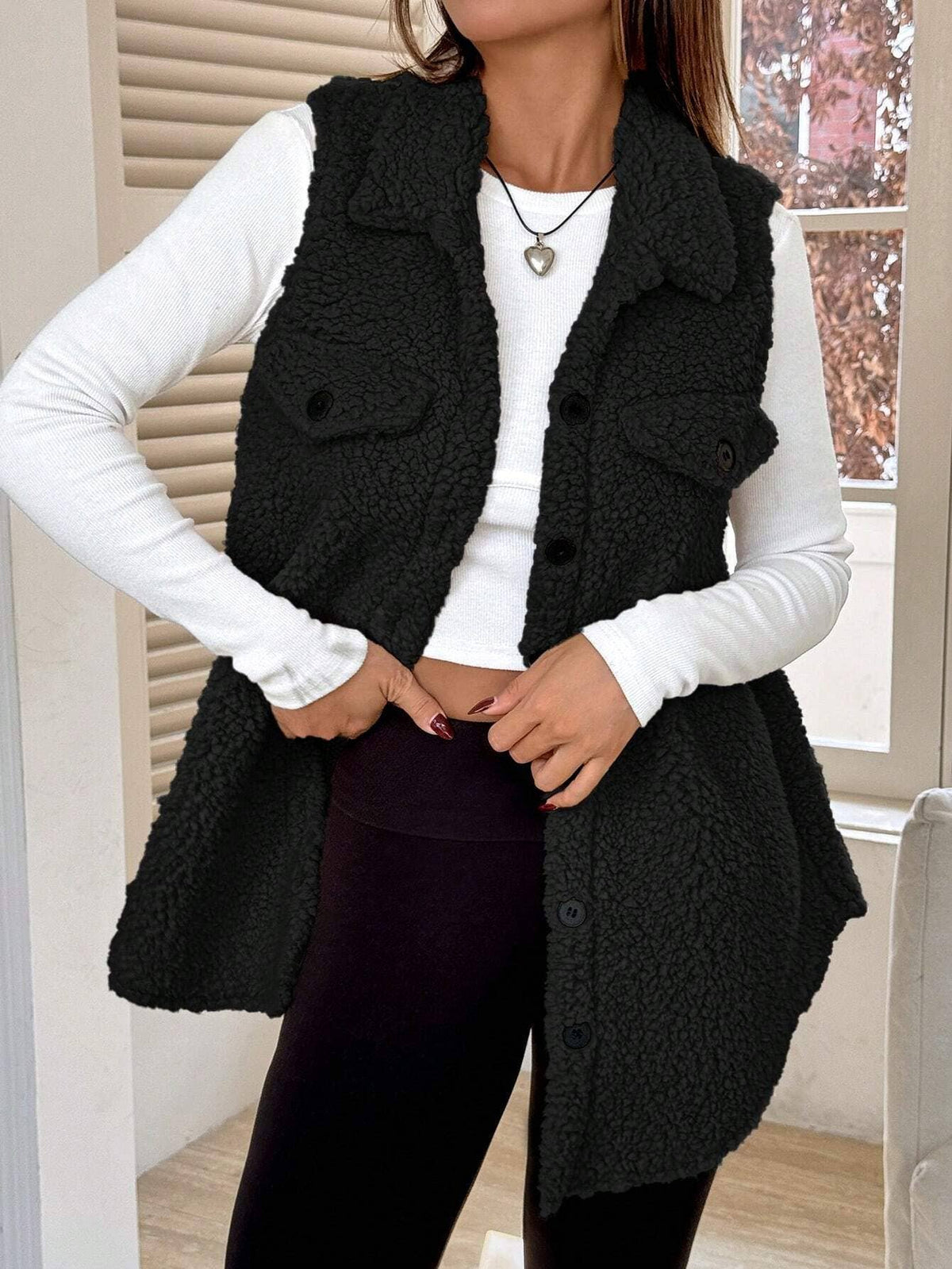 Loose elegant lapel button-down plush waistcoat: BROWN / (L) 1