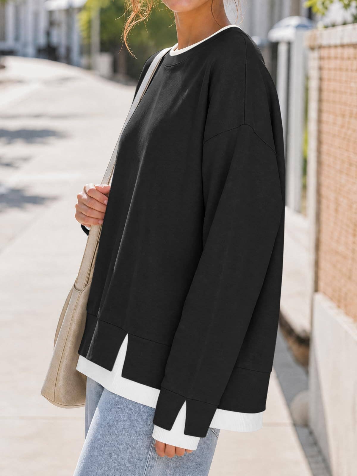 Pullover Sweatshirt, Loose Color Block Crewneck