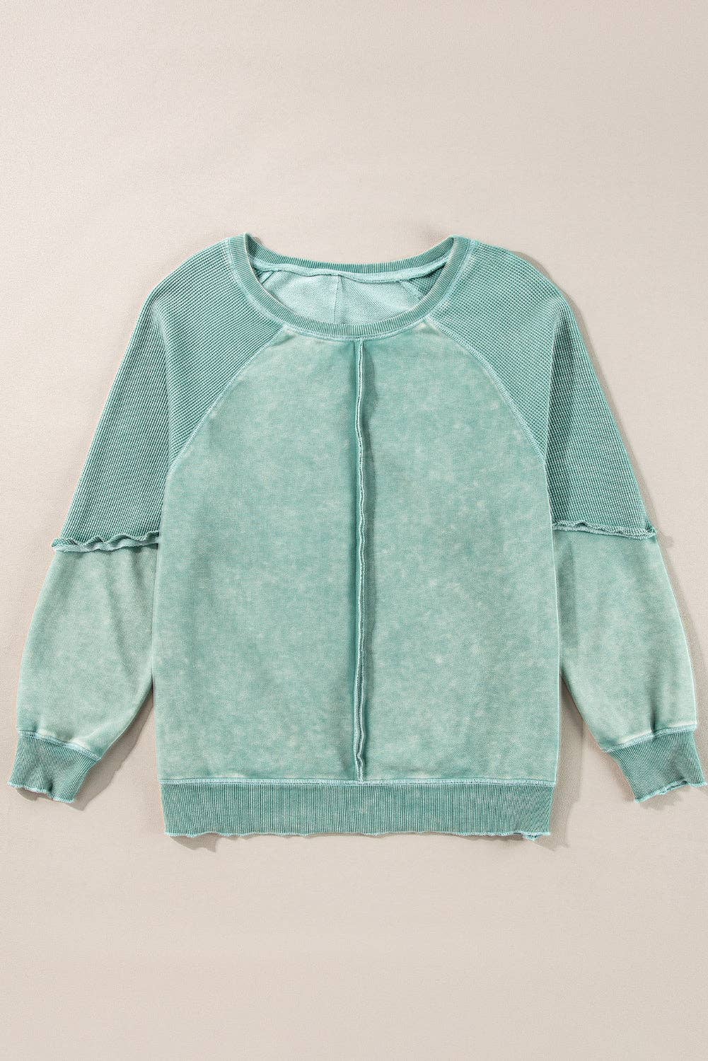 Solid Waffle Knit Patchwork Raglan Sleeve Sweatshirt: Mineral Blue
