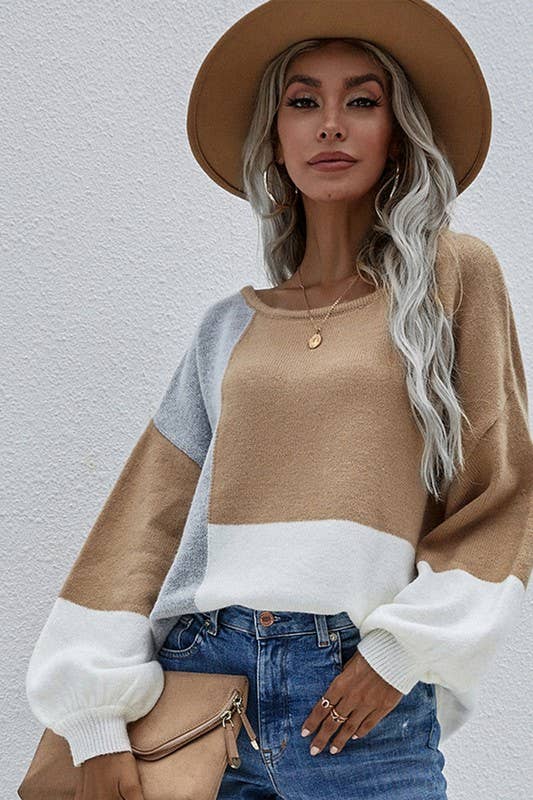 CWTTL0405_COLOR BLOCK ROUND NECK SWEATER TOP: Grey / (XL) 1
