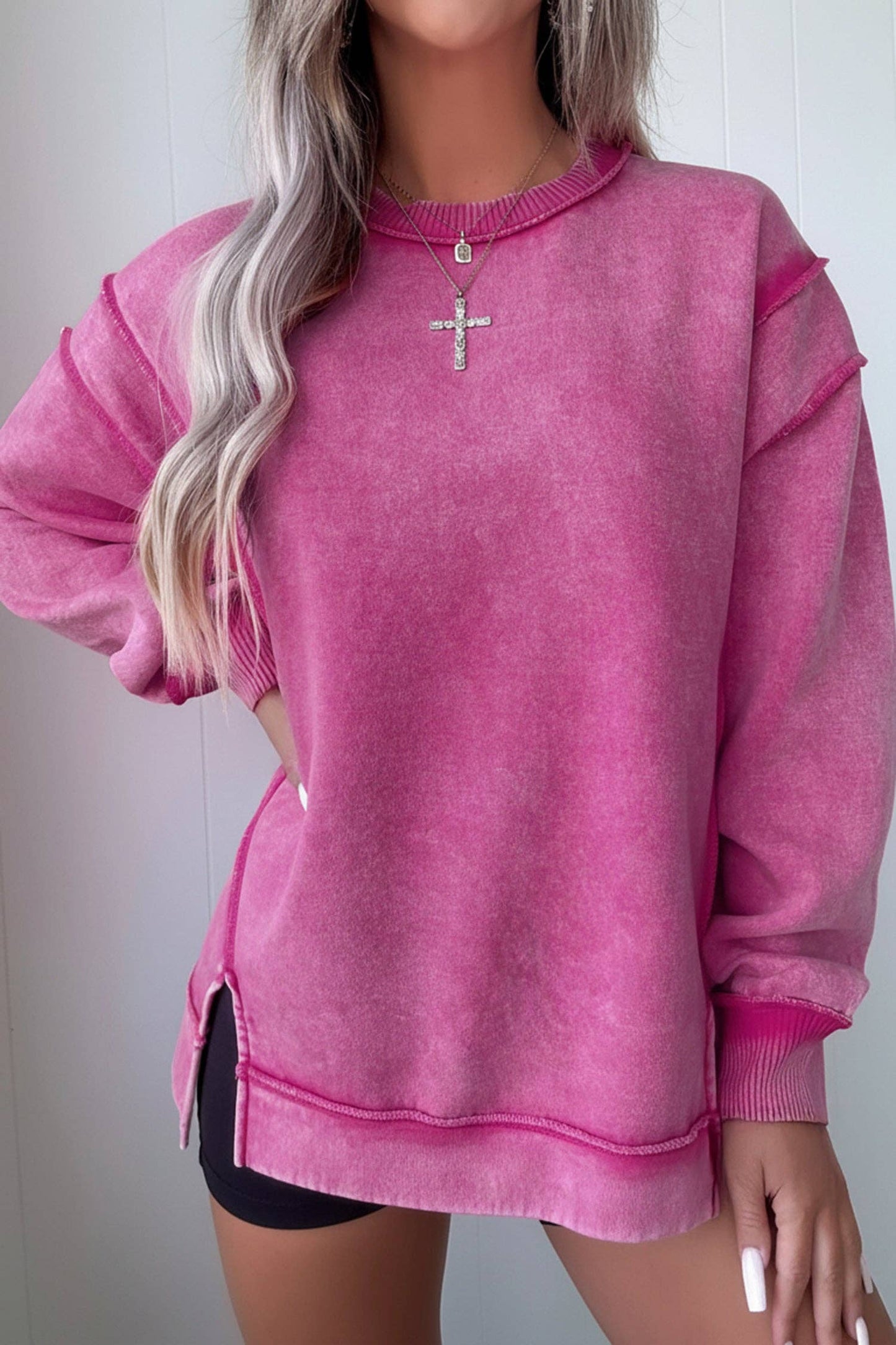 Mineral Wash Exposed Seam Sweatshirt Side Slit Casual Pullover: Red Sandalwood