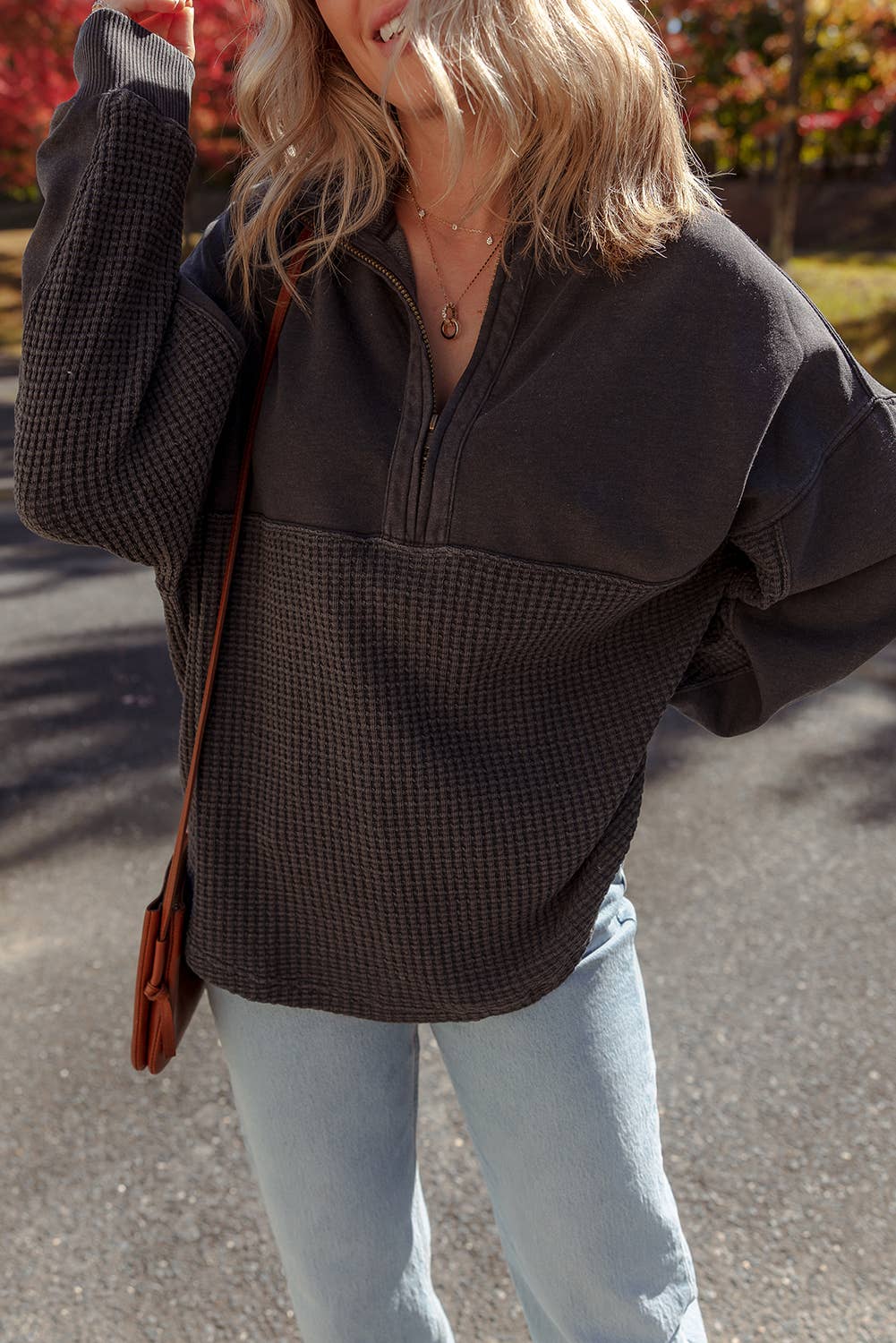 Waffle Textured Patchwork Zip Colloar Sweatshirt