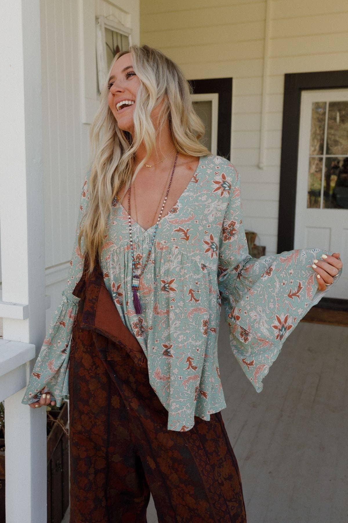 Brea Mixed Print Top - Sage Floral Print: Sage Multi