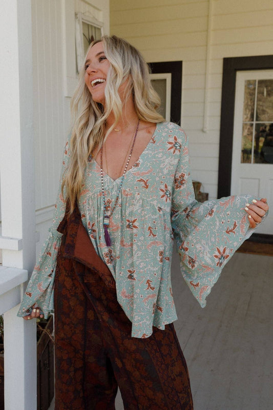 Brea Mixed Print Top - Sage Floral Print: Sage Multi