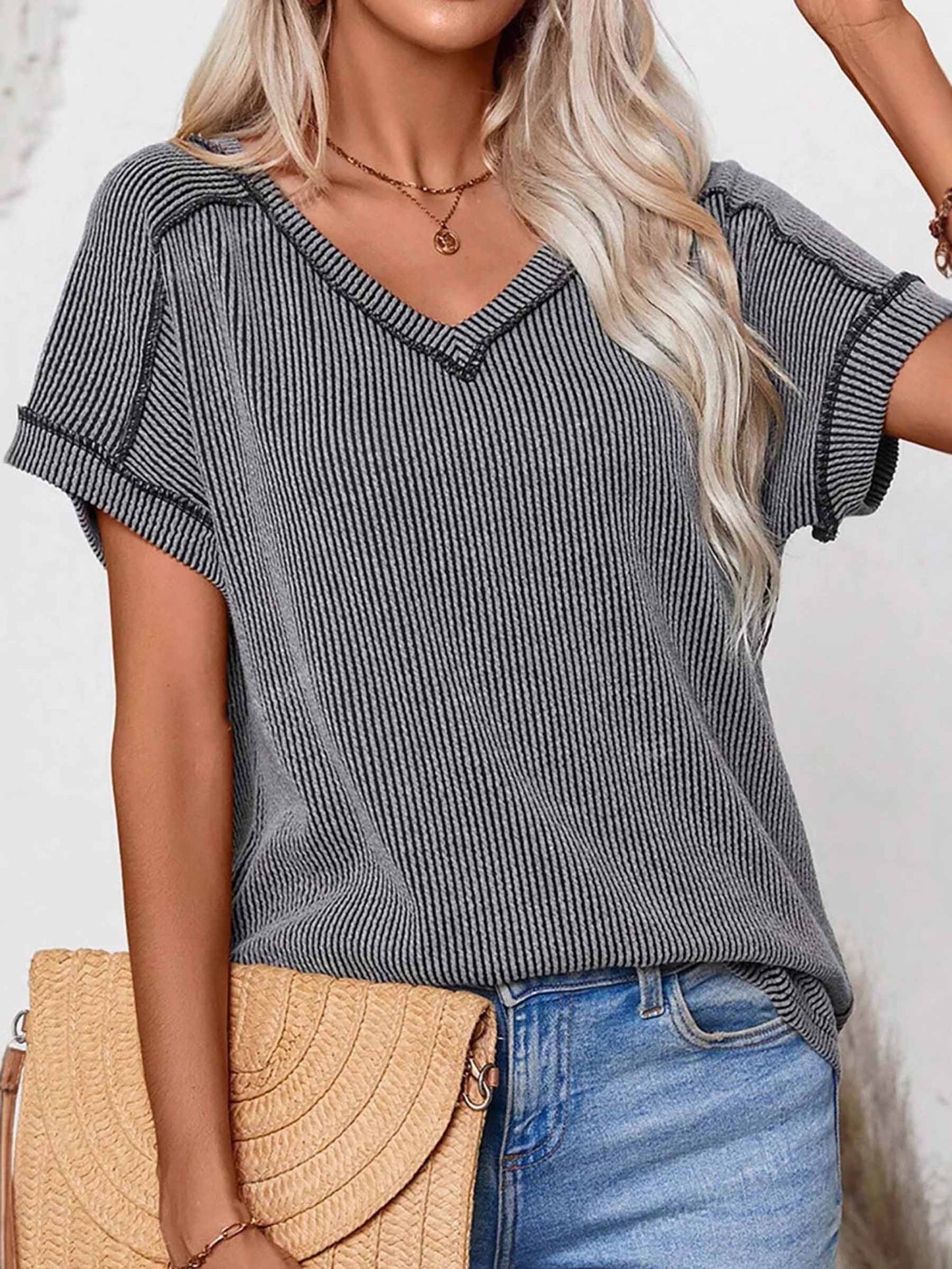 Short Sleeved V-neck Top: Gray