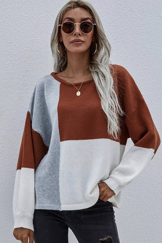CWTTL0405_COLOR BLOCK ROUND NECK SWEATER TOP: Grey / (XL) 1