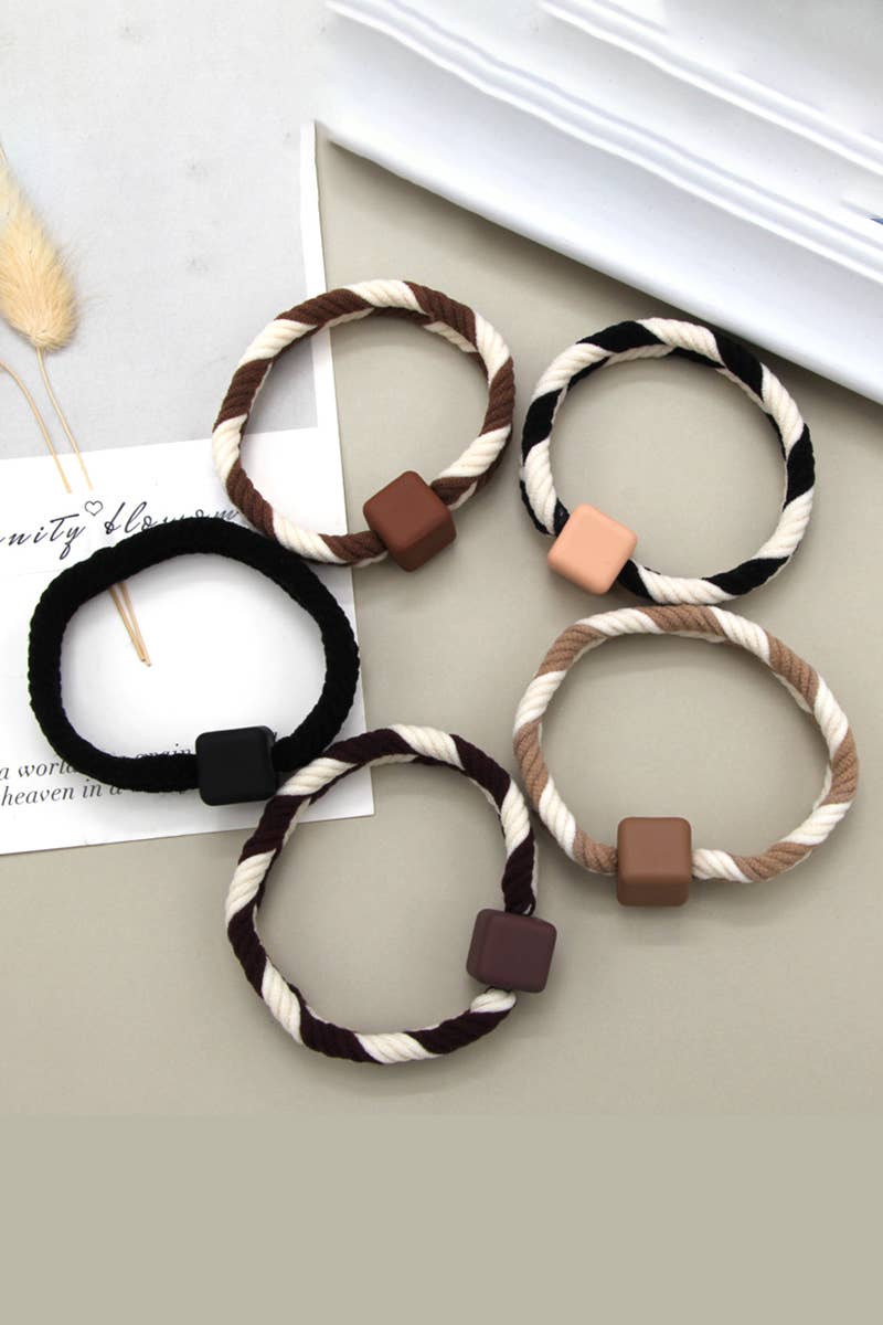 5PCS WOMEN TWO TONE BRAIDED CASUAL HAIR TIE_CWAHA0171: MULTICOLOR / (OS) 1