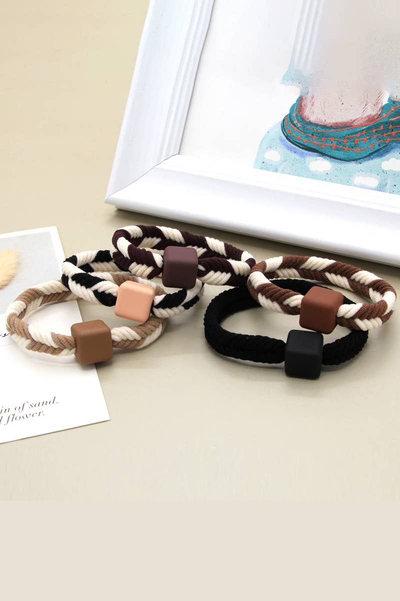 5PCS WOMEN TWO TONE BRAIDED CASUAL HAIR TIE_CWAHA0171: MULTICOLOR / (OS) 1
