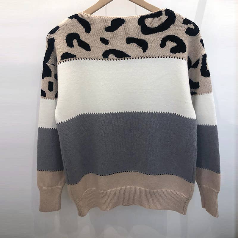 COLOR-MATCHING LEOPARD PRINT CREW NECK SWEATER: PINK / (XL) 1